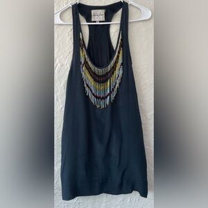 Chelsea Flower silk blend black tunic tank top chevron bead pattern fringe; XS